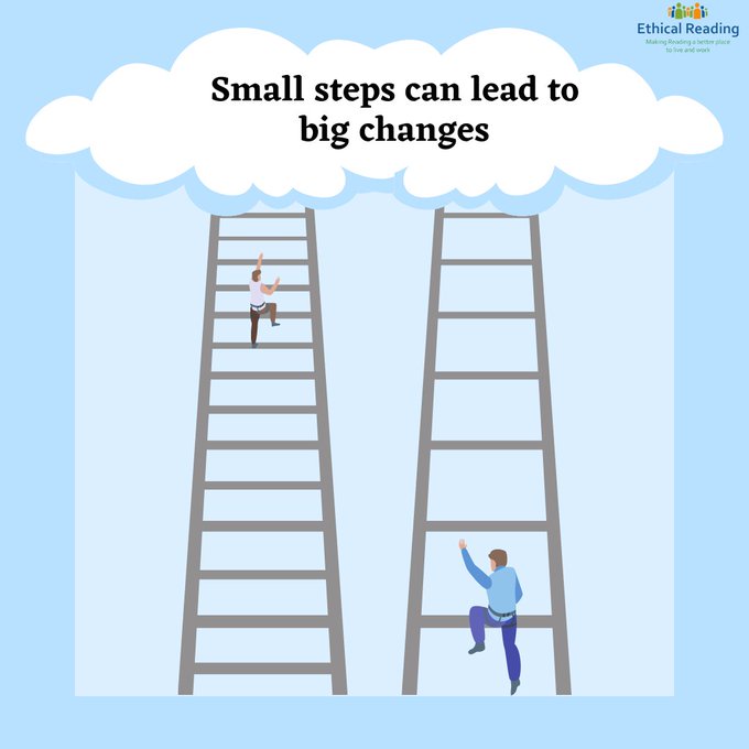 Illustration showing two people climbing ladders into clouds with the text 'Small steps can lead to big changes,' emphasizing gradual progress