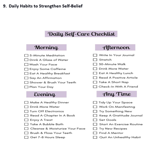 Checklist of morning, afternoon, evening, and anytime habits to strengthen self-belief through daily self-care practices like journaling, exercise, and meditation.