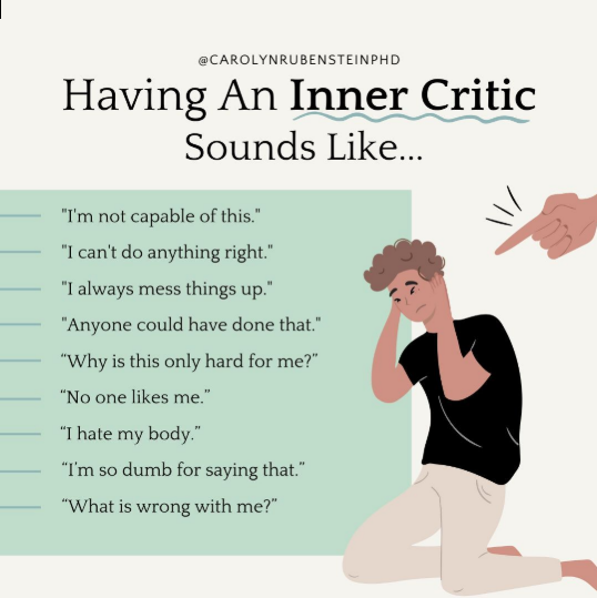 Illustration showing a sad person with self-critical thoughts like "I'm not capable" and "No one likes me," highlighting common phrases associated with negative inner dialogue.
